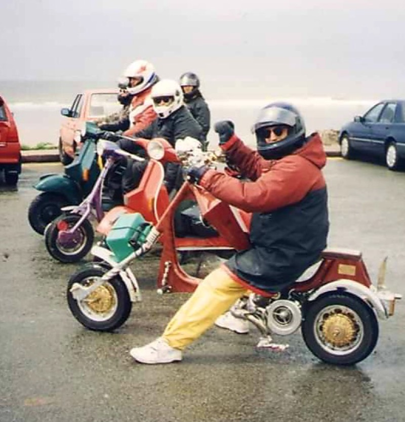 A41 Eagles Scooter Club members, Dizzy, Gruffy, Jane, Paul, Heidi and Liz, Porthcawl, Wales, UK, 1995. Photograph submitted by Heidi Maund