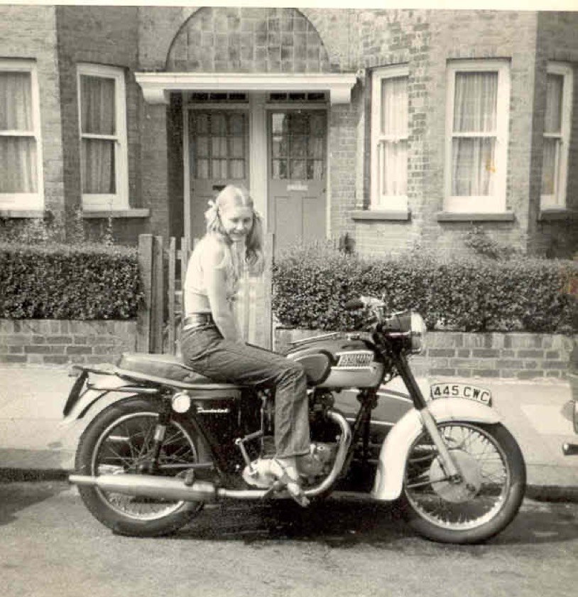 Madeline on her soon-to-be husband's Triumph Thunderbird motorbike, Tottenham, London, UK, 1970. Photograph submitted by Madeline Palm