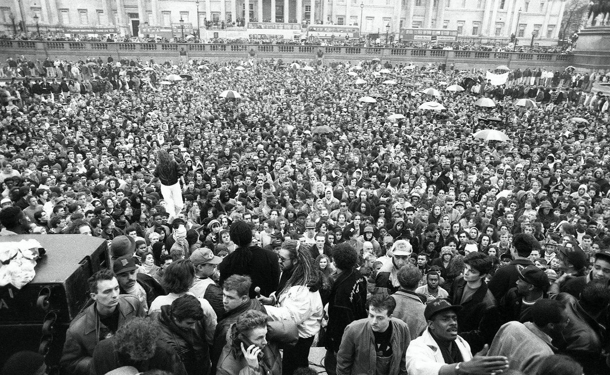 Freedom to Party protest in Trafalgar Square, London, 1990 by Gavin Watson