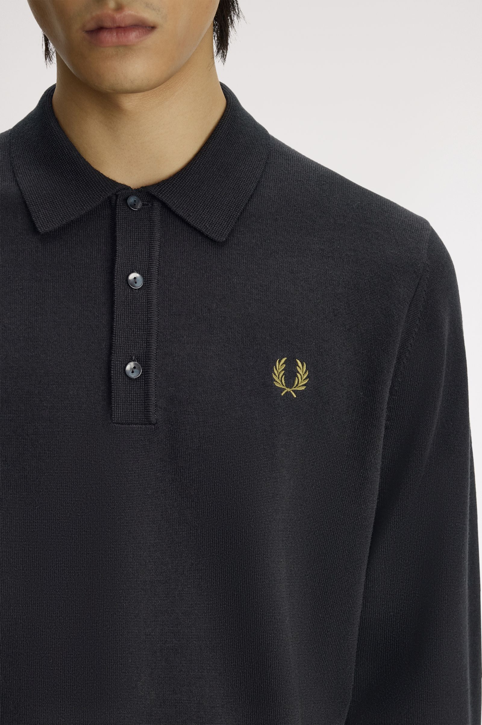 【別注】FRED PERRY RIB KNITTED SHIRT Long Sleeve Knitted Shirt - Black | Men's Knitwear | Jumpers