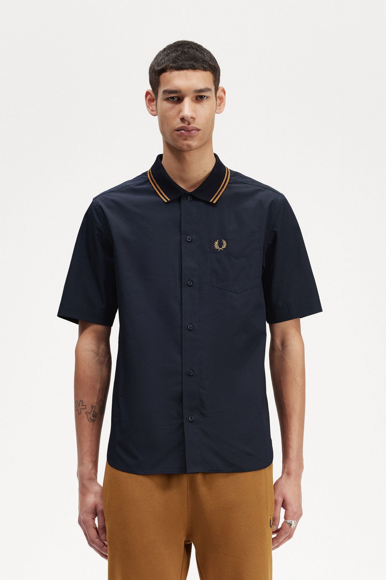 Short Sleeve Knitted Collar Shirt - Navy | Men's Shirts | Designer