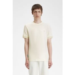 T-Shirt mit gestreiften Ärmelbündchen - Ecru | T-Shirts für Herren 